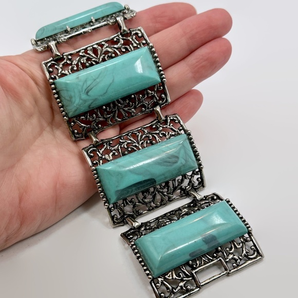 Thermoset Bracelet, Wide, 50s, Faux Turquoise, Mid Century, Silver Tone, Ornate - Picture 4 of 5